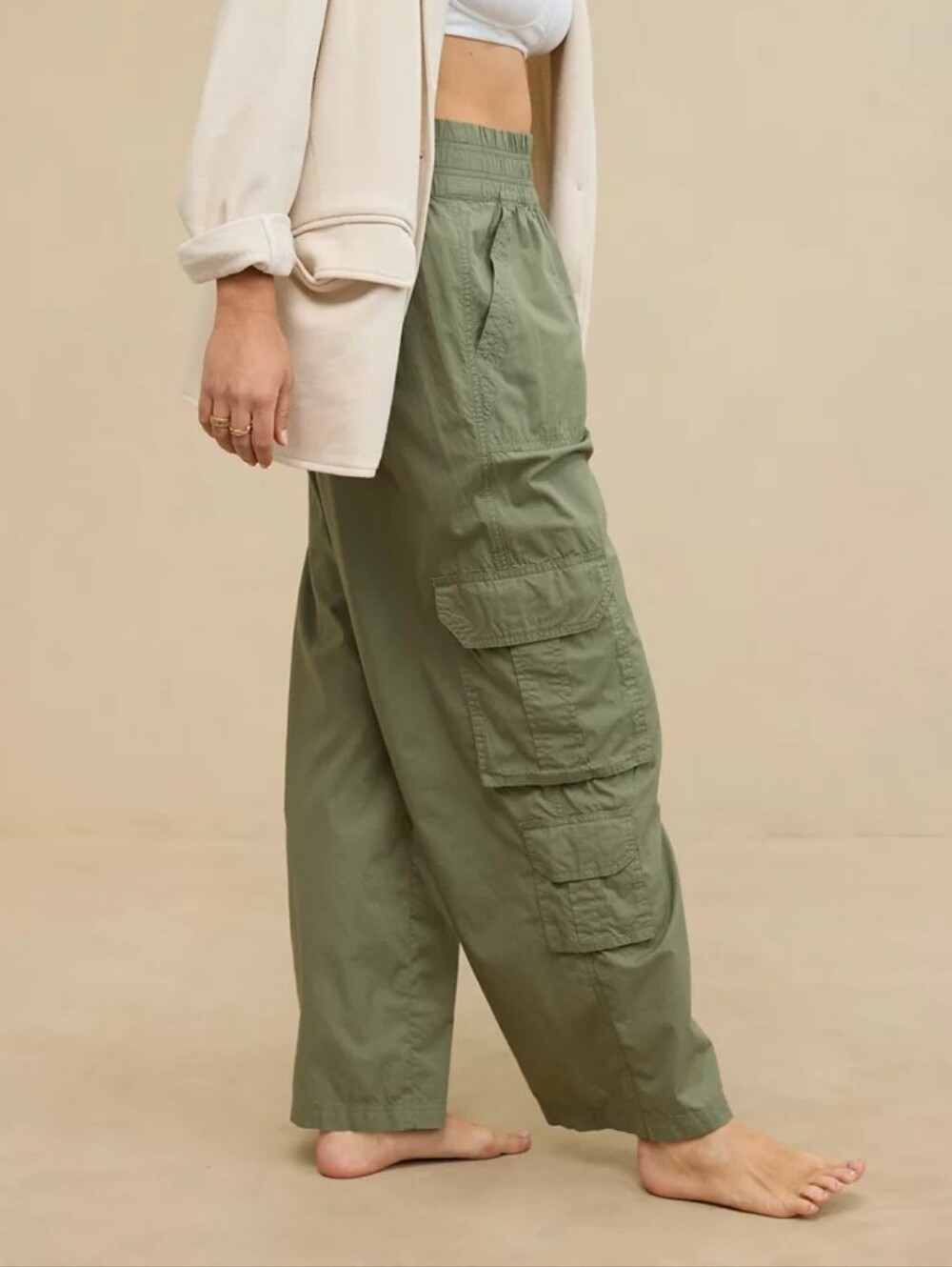 Aerie Easiest Cargo Pants High Waisted Wide Leg Olive Green 100% Cotton Size L - Picture 3 of 11